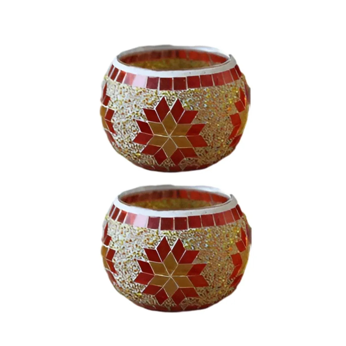 2Pcs European Style Colourful Mosaic Glass Candle Holder Cup Tabletop Decor - Orange