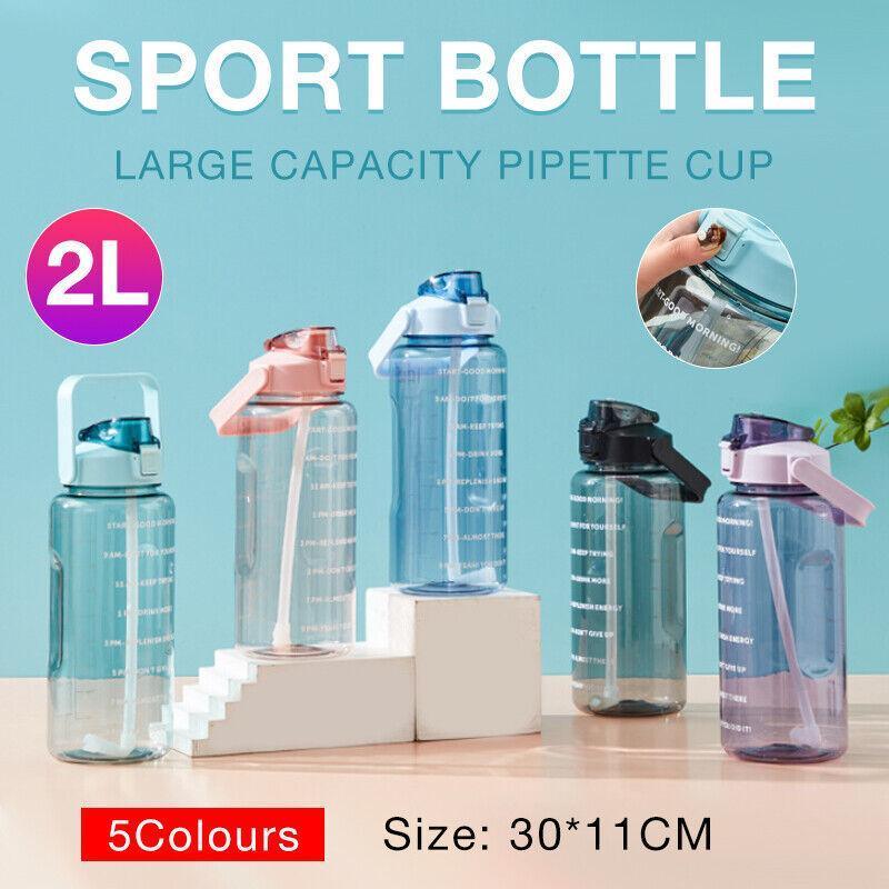 2L Water Bottle Straw Cup Motivational Drink Flask With Time Markings Sports Gym - Black