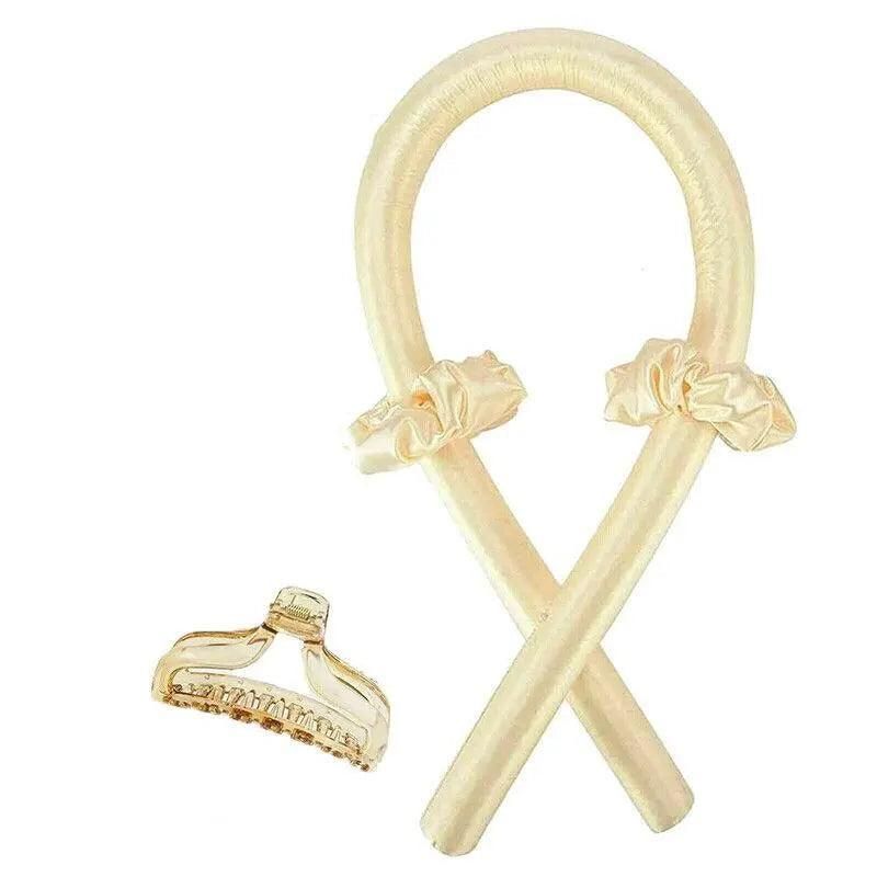 Heatless Curling Rod Headband Silk Curling Ribbon Hair Roller Lazy Curler Sets - 4Pcs/Set B (Beige，With Clip)