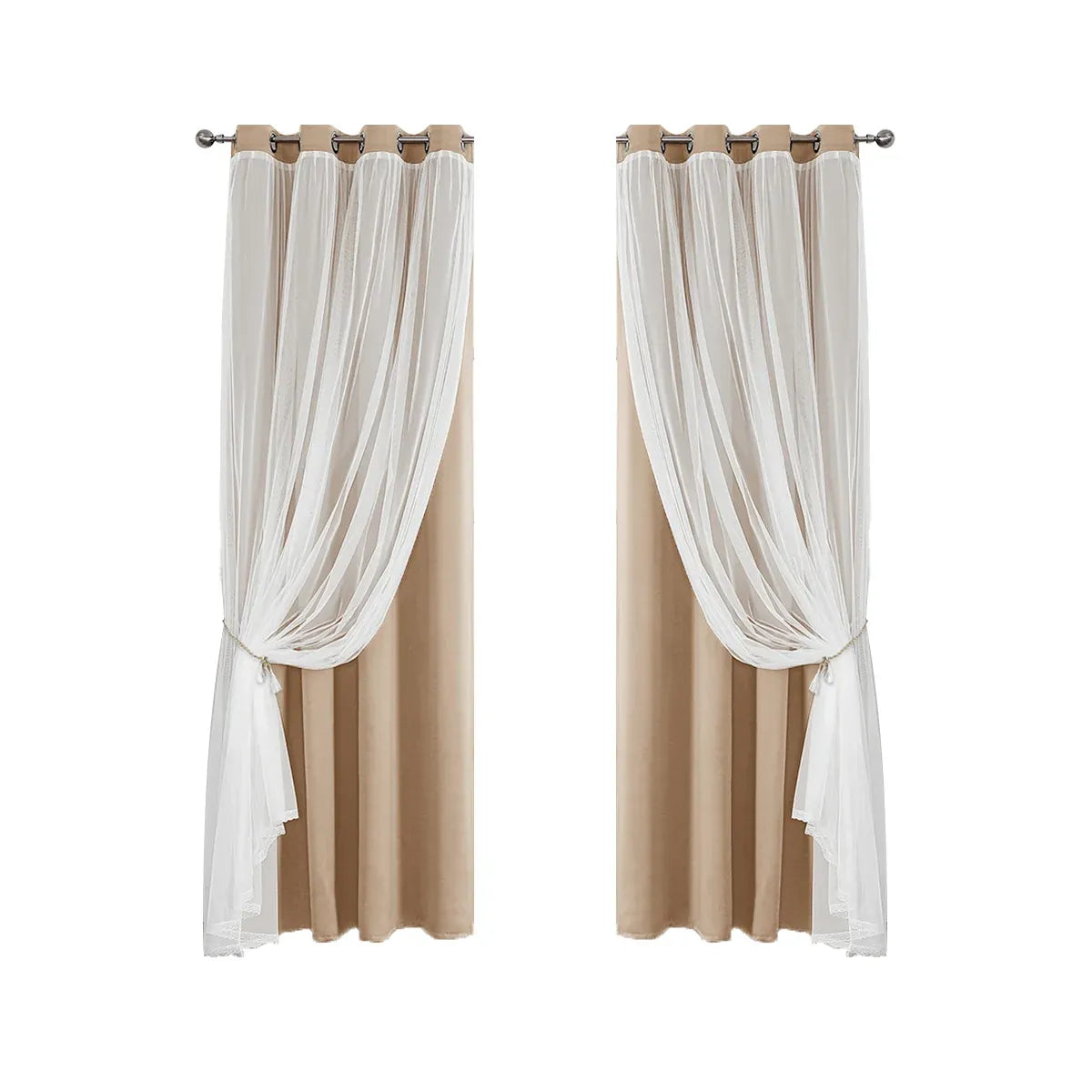 2PCS Double Layer Blackout Curtains With Lace For Bedroom Living Room Window - Beige
