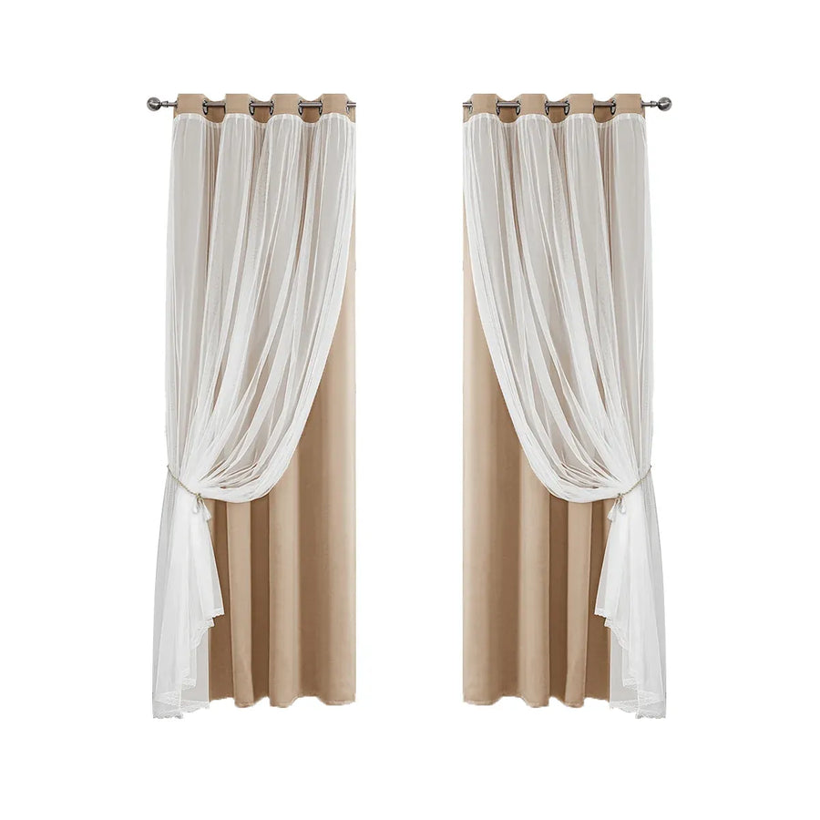 2PCS Double Layer Blackout Curtains With Lace For Bedroom Living Room Window - Beige