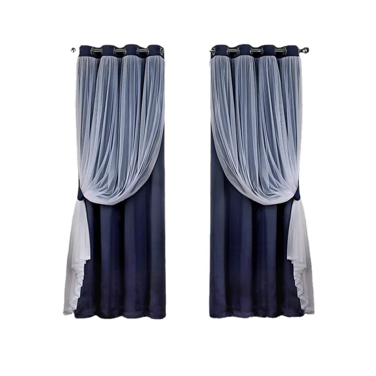 2PCS Double Layer Blackout Curtains With Lace For Bedroom Living Room Window - Blue