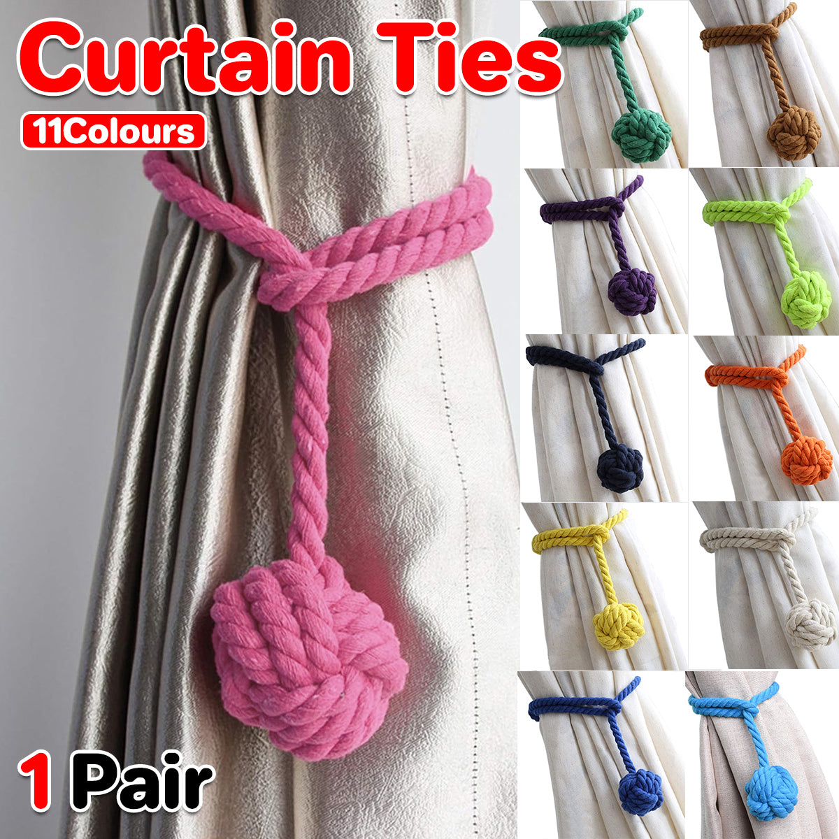1pair Braided Cotton Curtain Tiebacks No Hole Curtain Holdbacks Hanging Balls - Beige