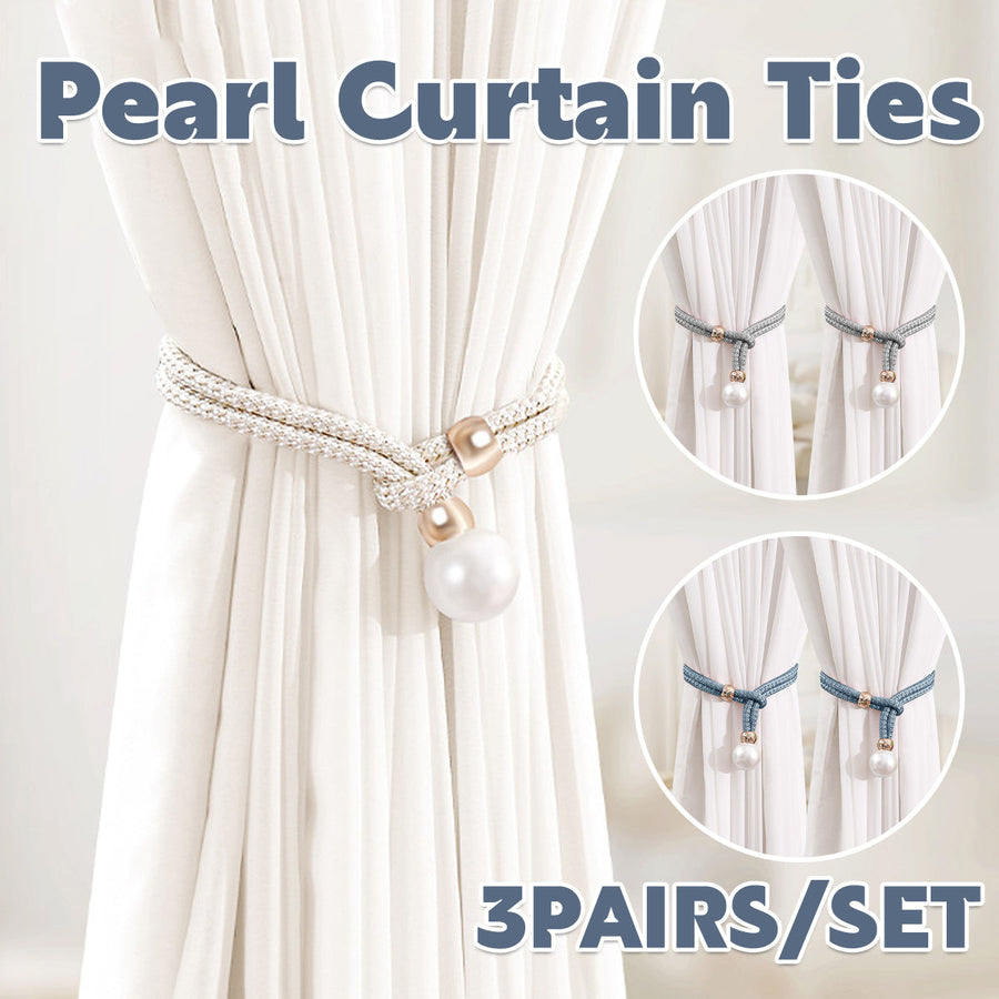 Curtain Tiebacks Pearl Strap Set 3 Pairs Decorative Buckle Holder Rings Hooks - Blue