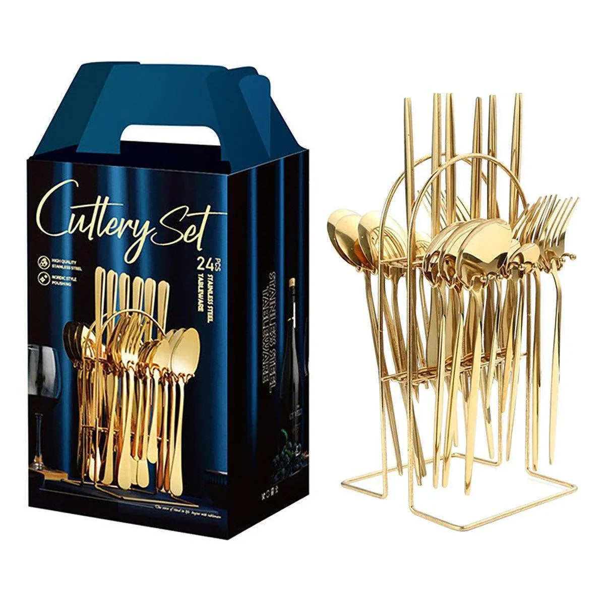 24PCS Stainless Steel Cutlery Set Knife Fork Spoon Set Durable Flatware Dining - Gold shelf set