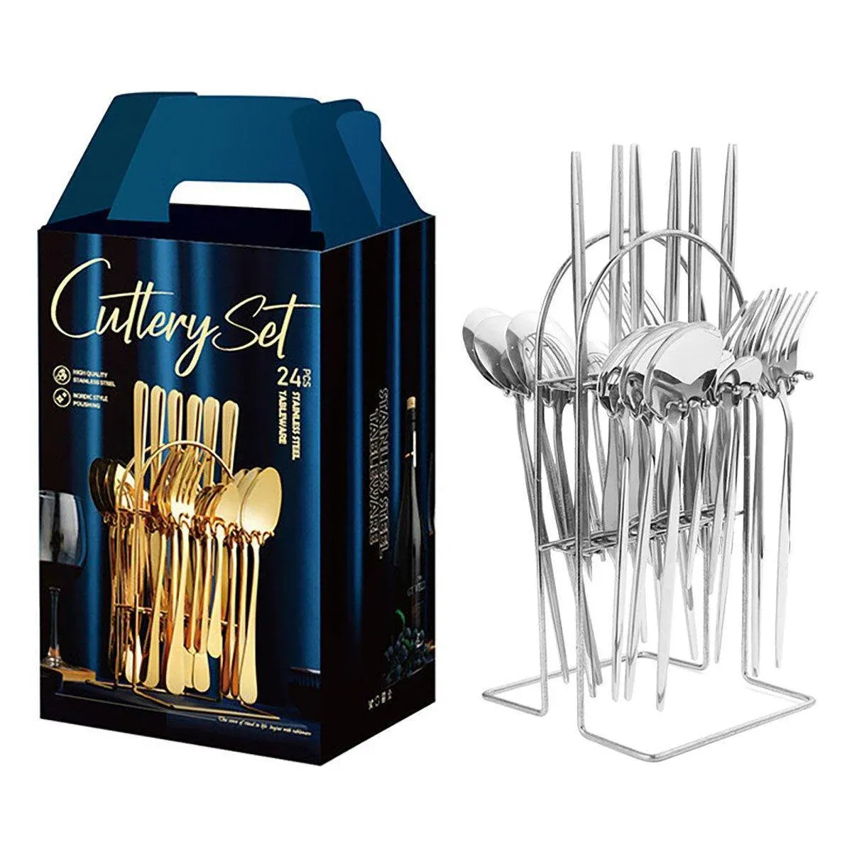 24PCS Stainless Steel Cutlery Set Knife Fork Spoon Set Durable Flatware Dining - Silver shelf set
