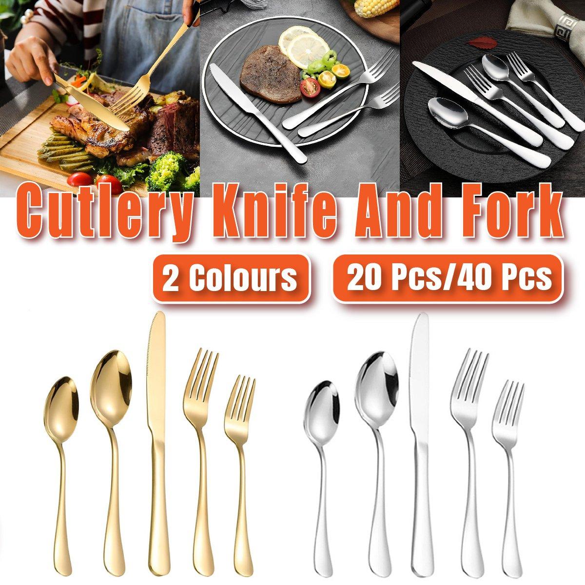 20/40pcs Stainless Steel Cutlery Set Knife Fork Spoon Western Hotel Tableware - Silver-40pcs