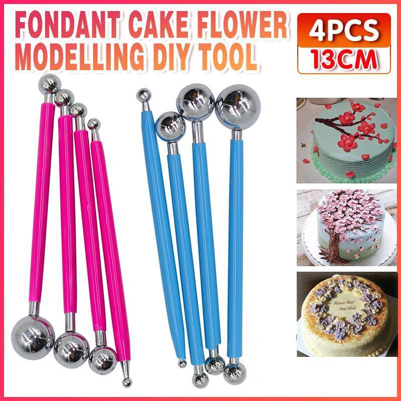 4X Fondant Cake Flower Decorating Clay Sugarcraft Ball Engraved Embossing Stick - Hot pink