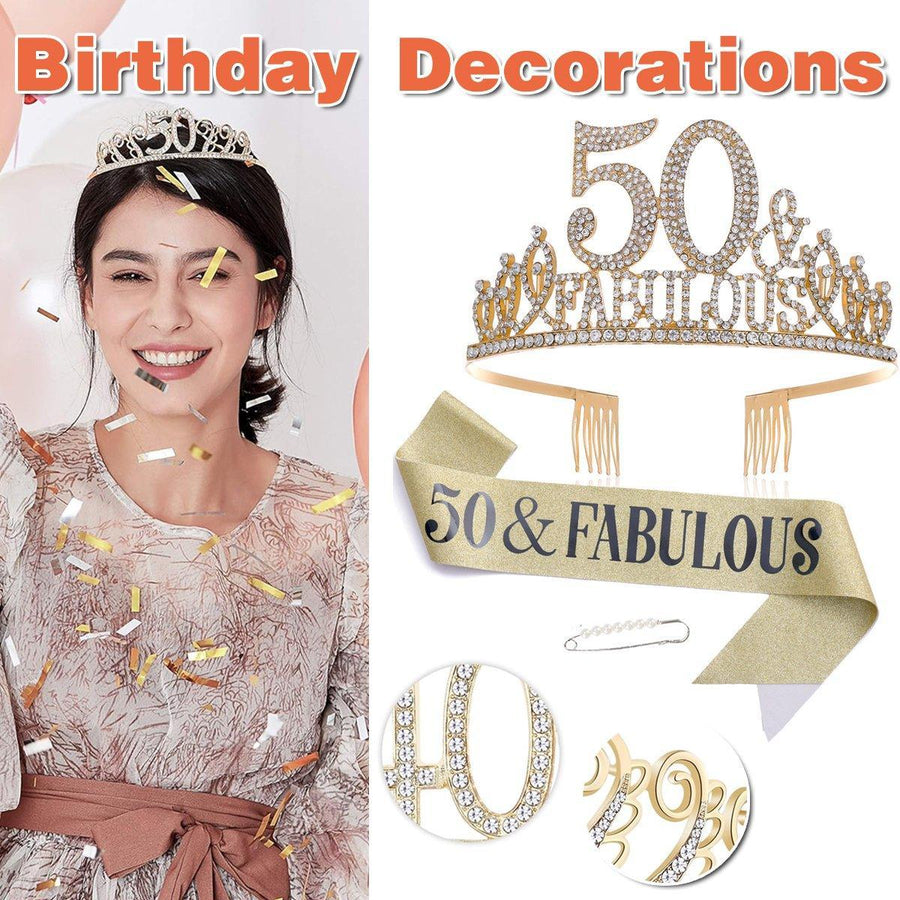 50th Birthday Gold Party Set Hairband Crown Sash Belt Ceremonial Accessory Kit