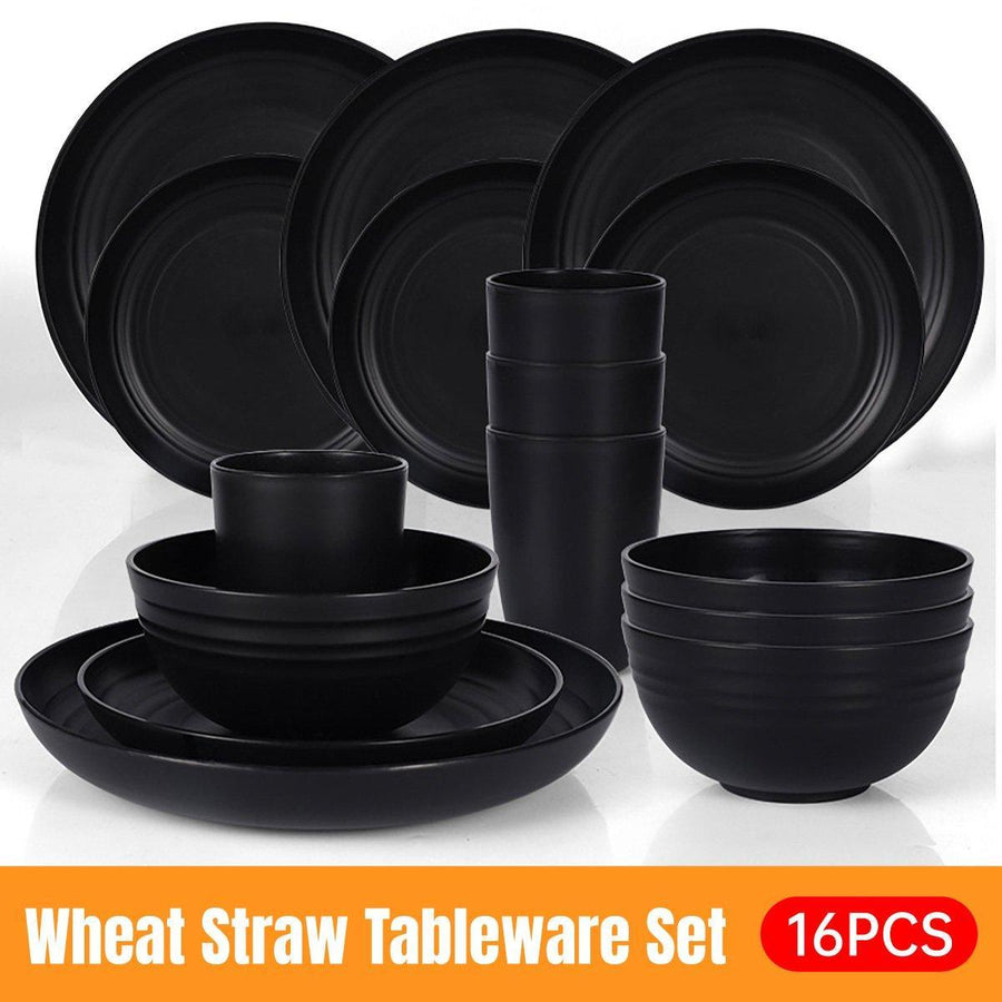 16PCS Eco-Friendly Wheat Straw Portable Tableware Set with Plate Bowl Cup