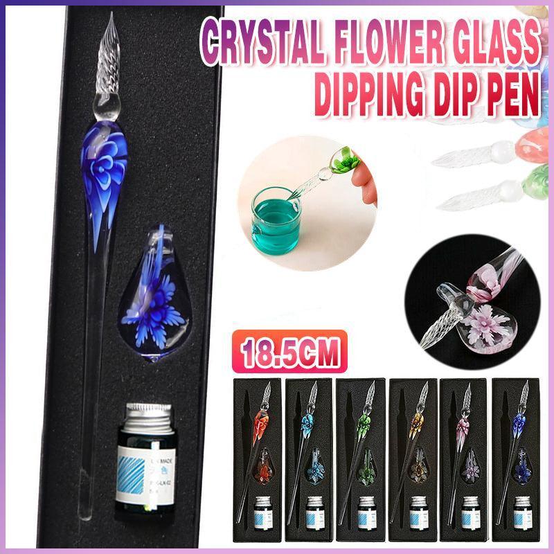 Crystal Flower Glass Dipping Dip Pen Writing Set Gift Pack Fountain Calligraphy - Yellow