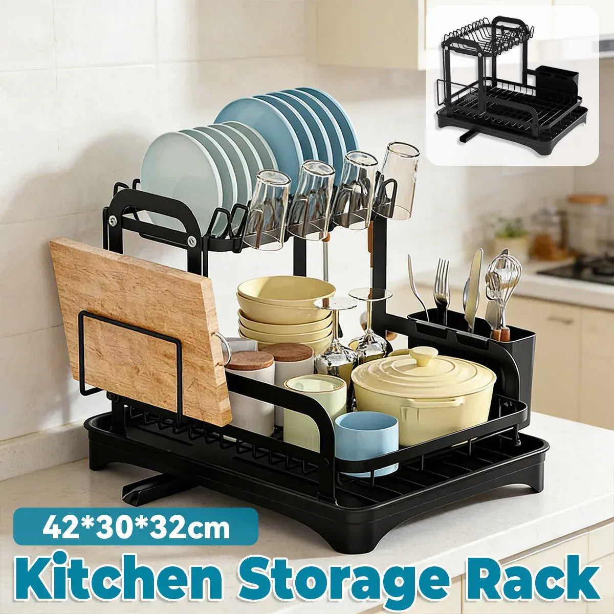 Kitchen Dish Drying Rack 2 Tier Carbon Steel Black 42x30x32cm Telescopic Drain