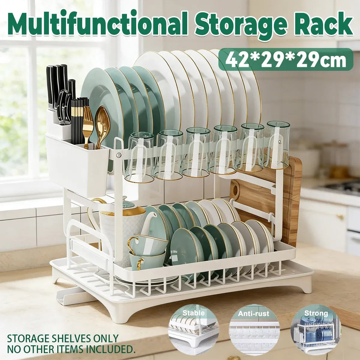 Kitchen Dish Drying Rack 2 Tier Carbon Steel White 42 x 29 x 29cm Tableware