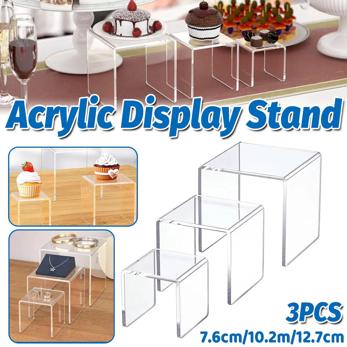 3PCS Clear Square Acrylic Display Stands for Jewelry Rings Watches Dessert Use