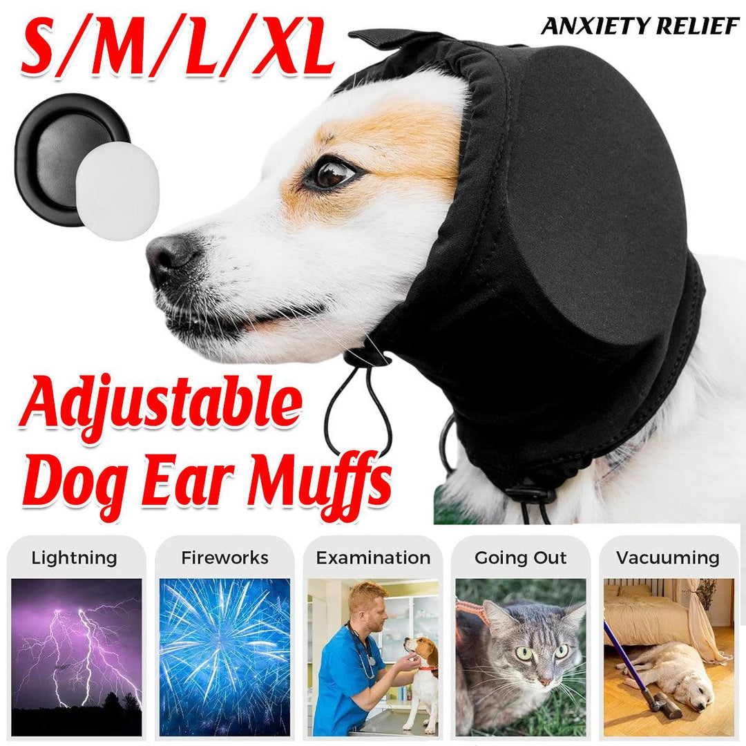 Black Adjustable Dog Ear Muffs Noise Reducing Pet Headwrap Protective Ear Cover - L