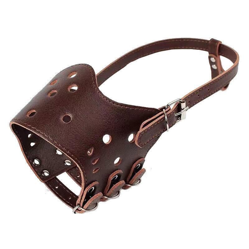 Adjustable Leather Pet Dog Mask Mouth Muzzle Anti Barking Bite Stop Chewing Brown - L