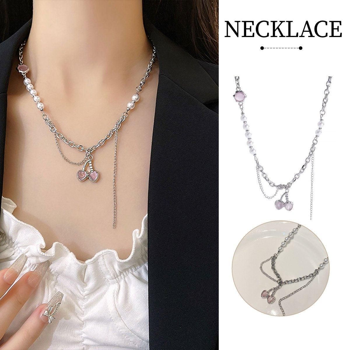 Pink Cherry Pendant Necklace Fashion Jewellery for Women Girls Cute Gift Idea