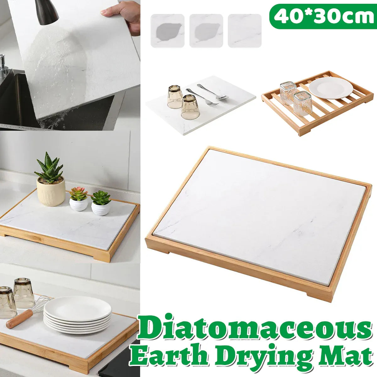 Diatomite Instant Absorbent Dry Mat With Bamboo Frame Bathroom Kitchen Dry Pad