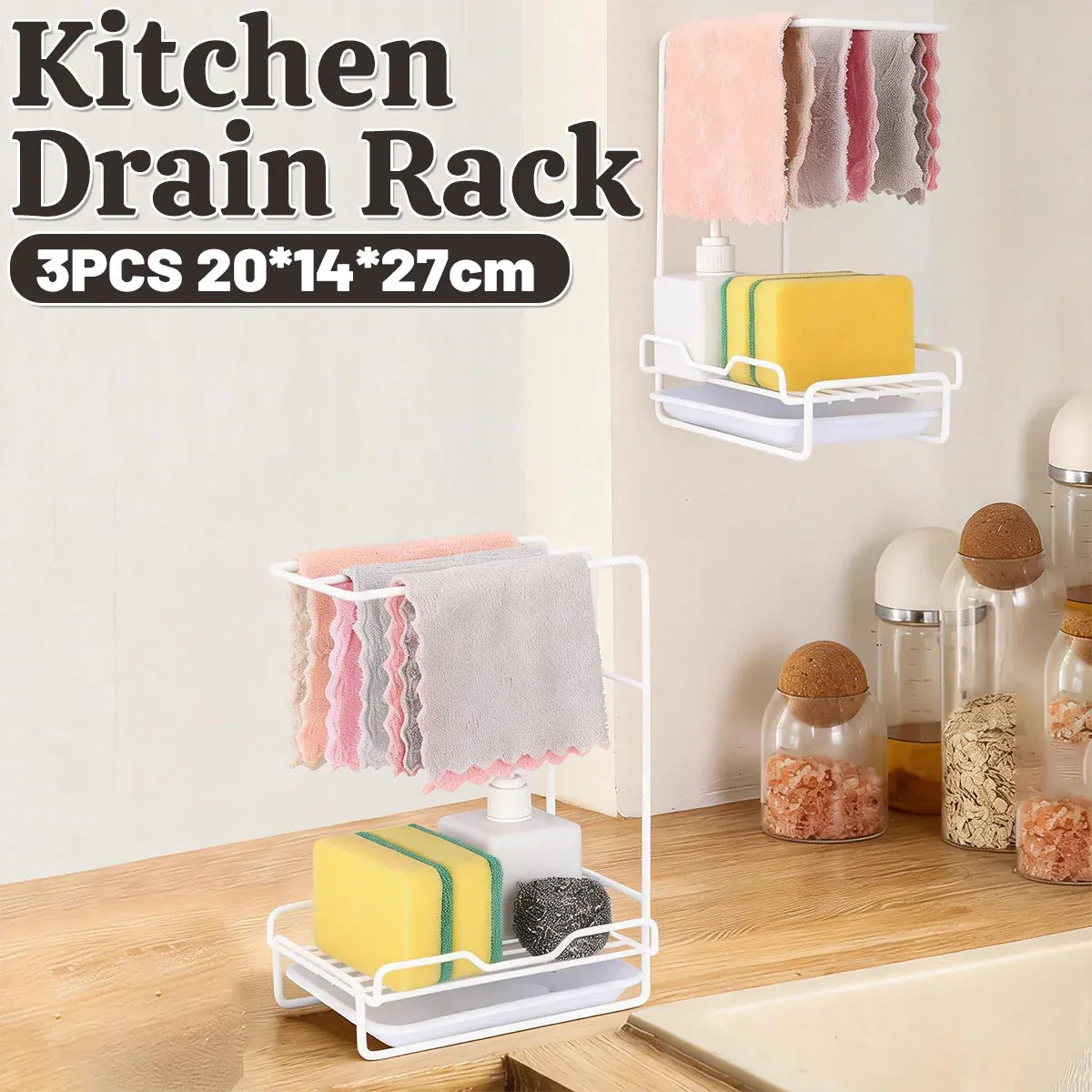 3PCS Kitchen Countertop Drain Rack Space Saving Organiser with Drainage Plate