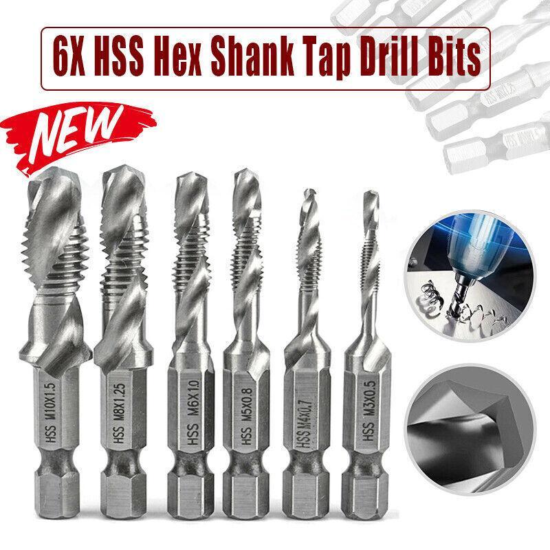 6X Hss Hex Shank Tap Drill Bits Metric Thread Screw Tapping Compound Set Tool