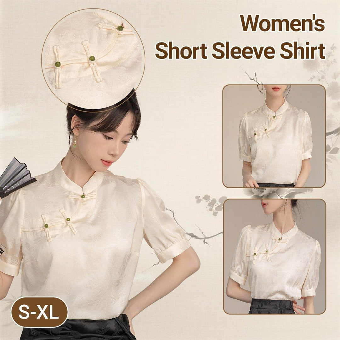 Women Satin Short Sleeve Blouse Chinese Button Top New Fashion Shirt Ladies - S
