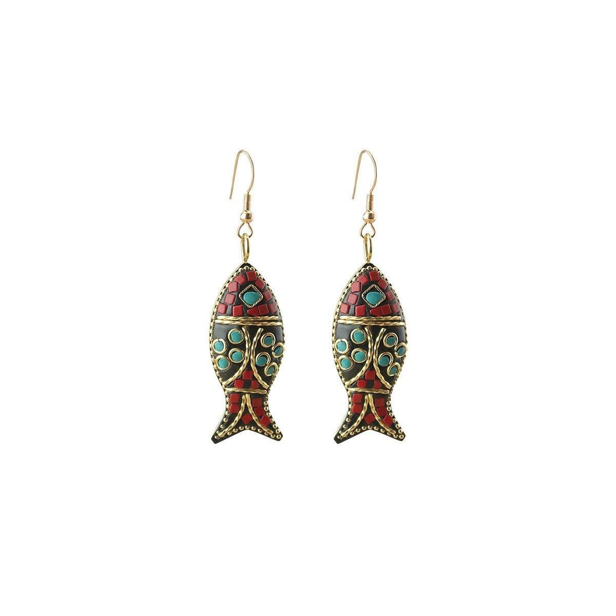 Retro Ethnic Style Earrings Fashion Jewelry for Women Bohemian Accessories - Reddish blue Fish
