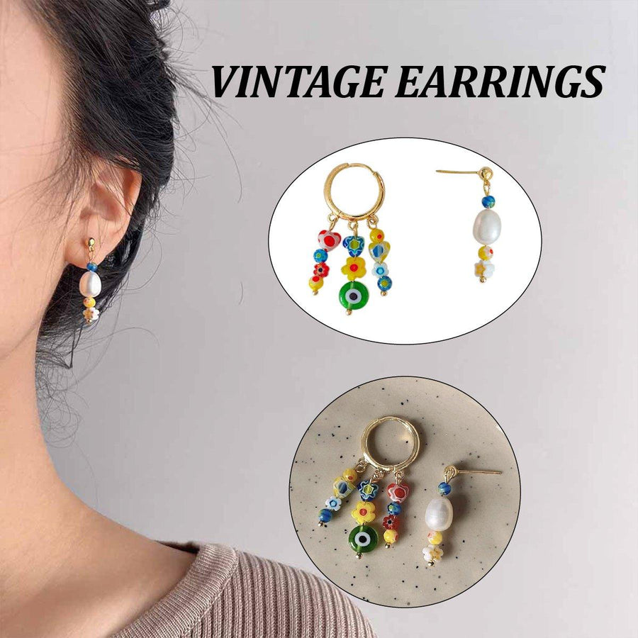 Vintage Asymmetrical Earrings Handmade Floral Glass and Pearl Drop Design for Women