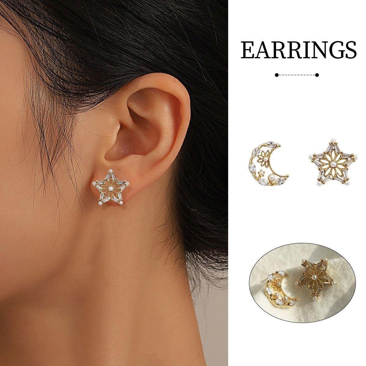 Delicate Asymmetric Star Moon Earrings for Girls Simple Micro-inlaid Jewelry