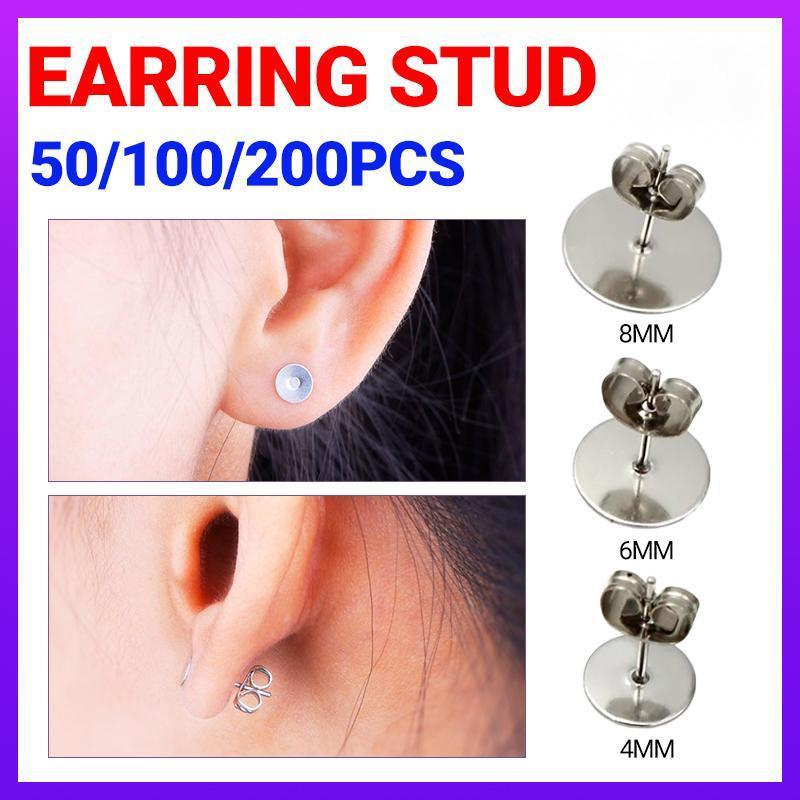 50/100/200PCS Earring Stud Posts Pads+Nut Backs Silvery Surgical Steel DIY Craft 6MM - 50PCS (50xpads&50xbacks)