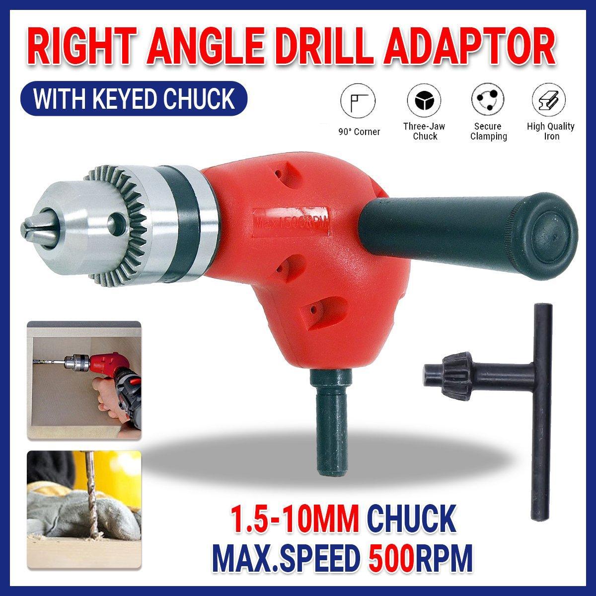 90-Degree Right Angle Drill Attachment 1/4inch Drive Adapter with Chuck Key Tools