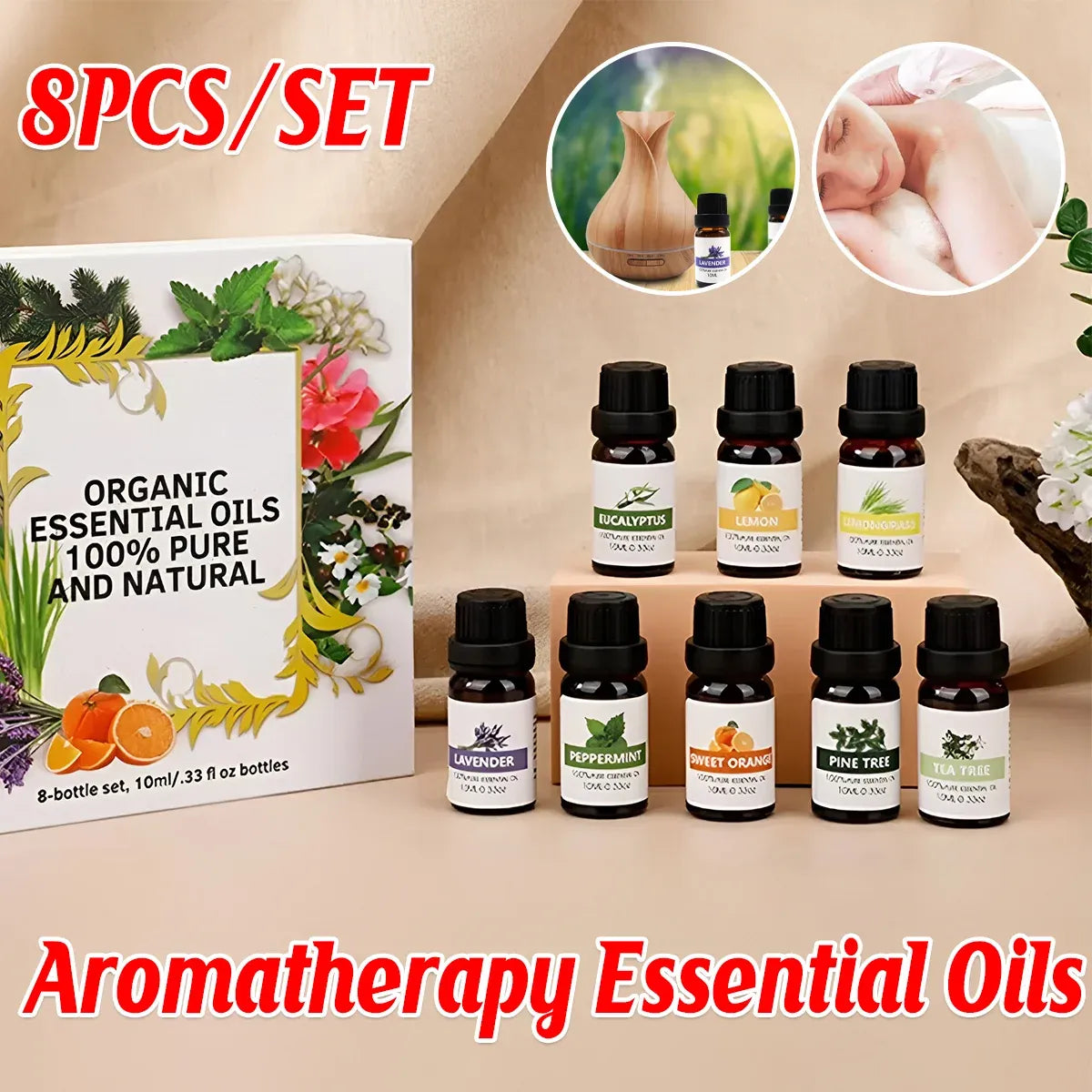 Essential Oil Set 8 Bottles Plant Aromatherapy Oils Natural Fragrance Diffuser