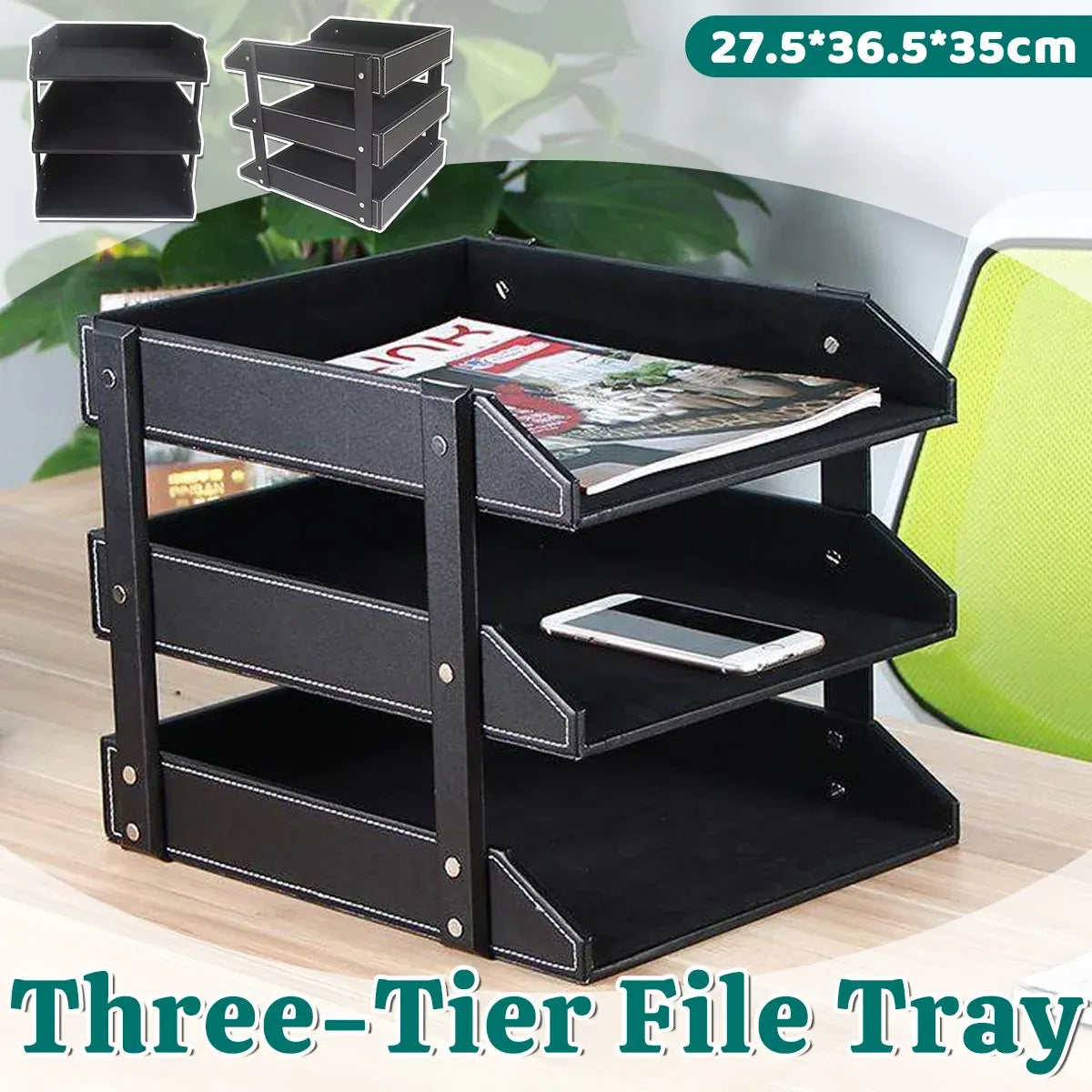 3 Tier Faux Leather File Tray Desktop Document Organiser 36.5x27.5x35cm