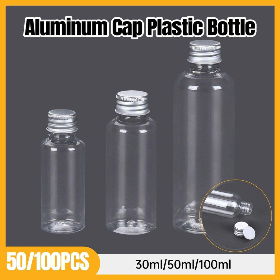 50/100pcs Clear Plastic Bottles with Aluminum Caps Liquid Dispenser Containers - 50ml-100pcs