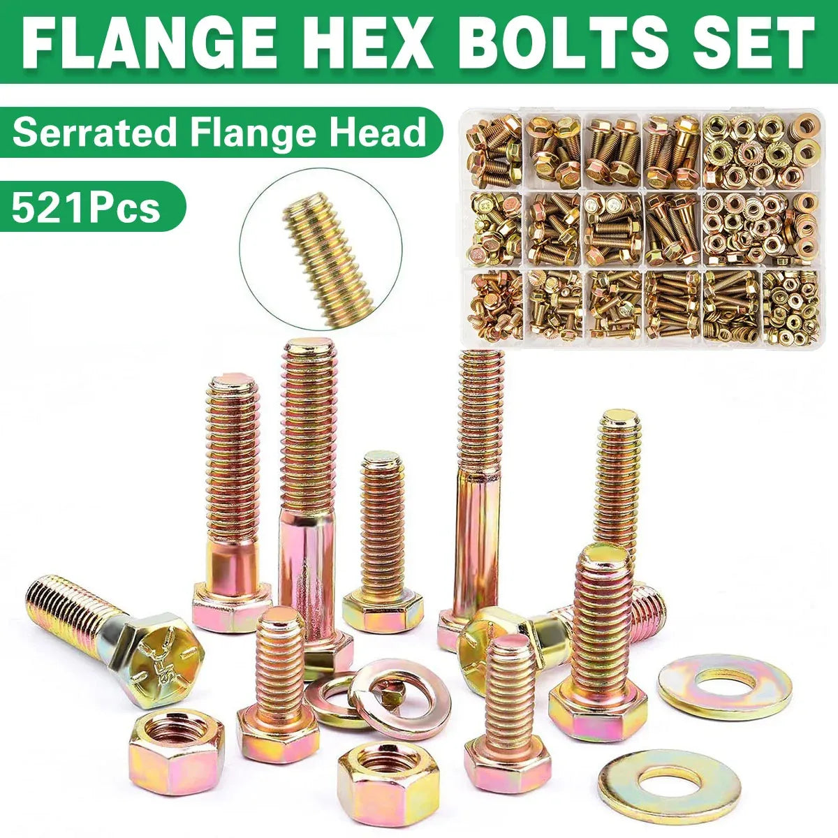 521pcs 8.8 Grade Zinc Plated Flange Bolt Nut Washer Assortment Kit M6 M8 M10