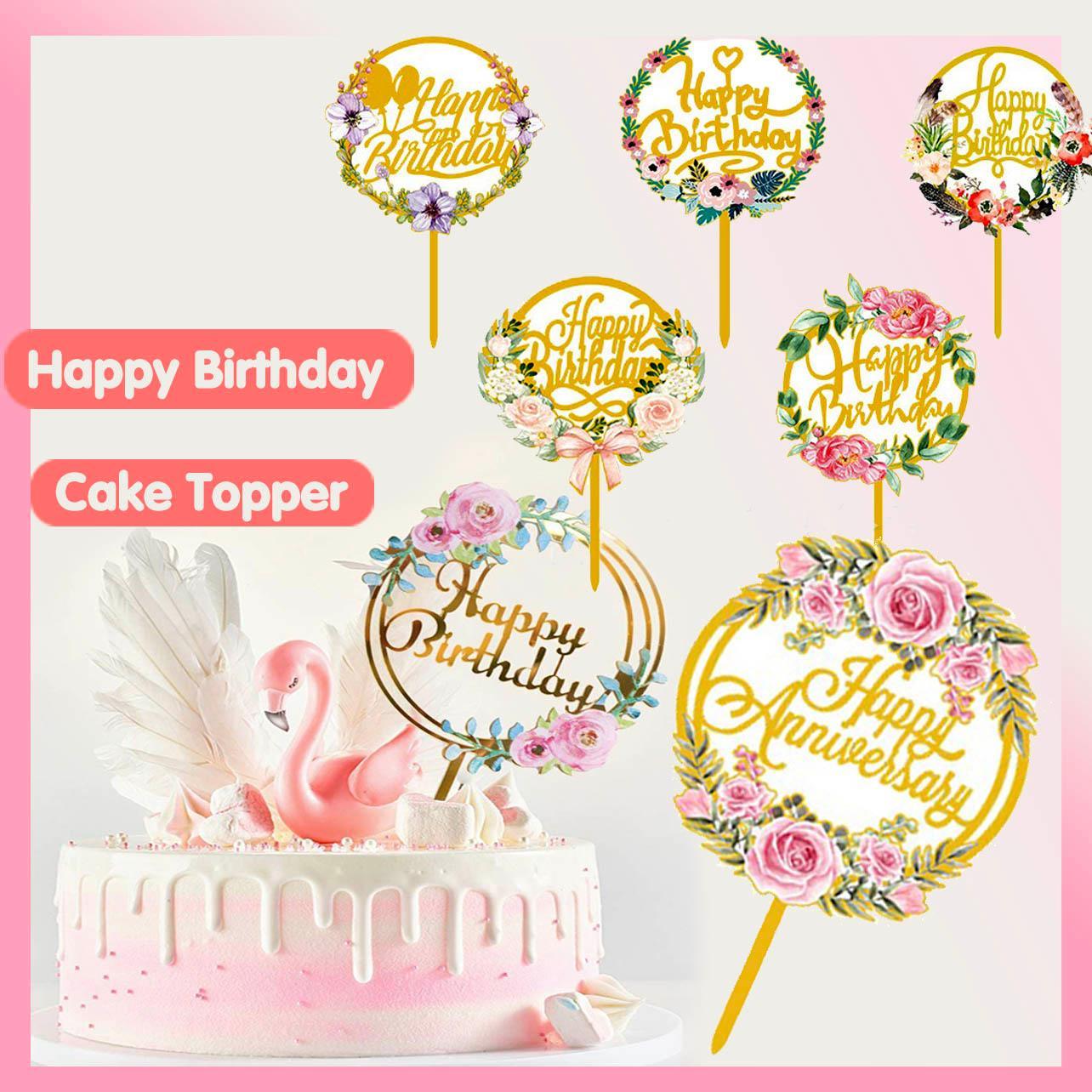 Happy Birthday Anniversary Wedding Cake Flowers Topper Acrylic Party Decorations - NO.03