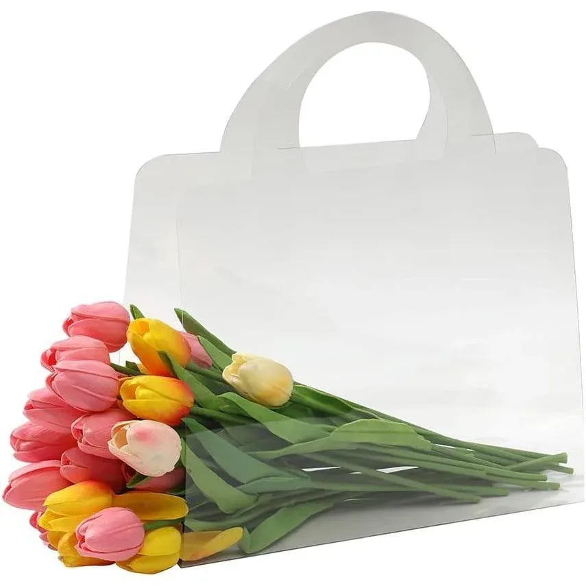 10pcs Transparent Flower Handbags Clear PET Bouquet Holder Gift Bags for Events - Square