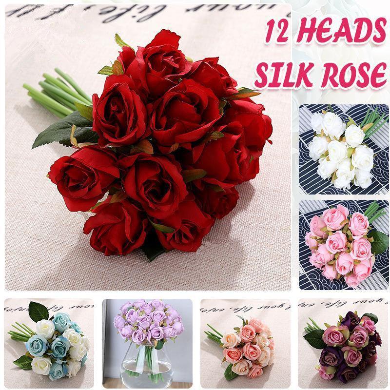 12 Heads Silk Rose Artificial Flowers Fake Bouquet - White+blue