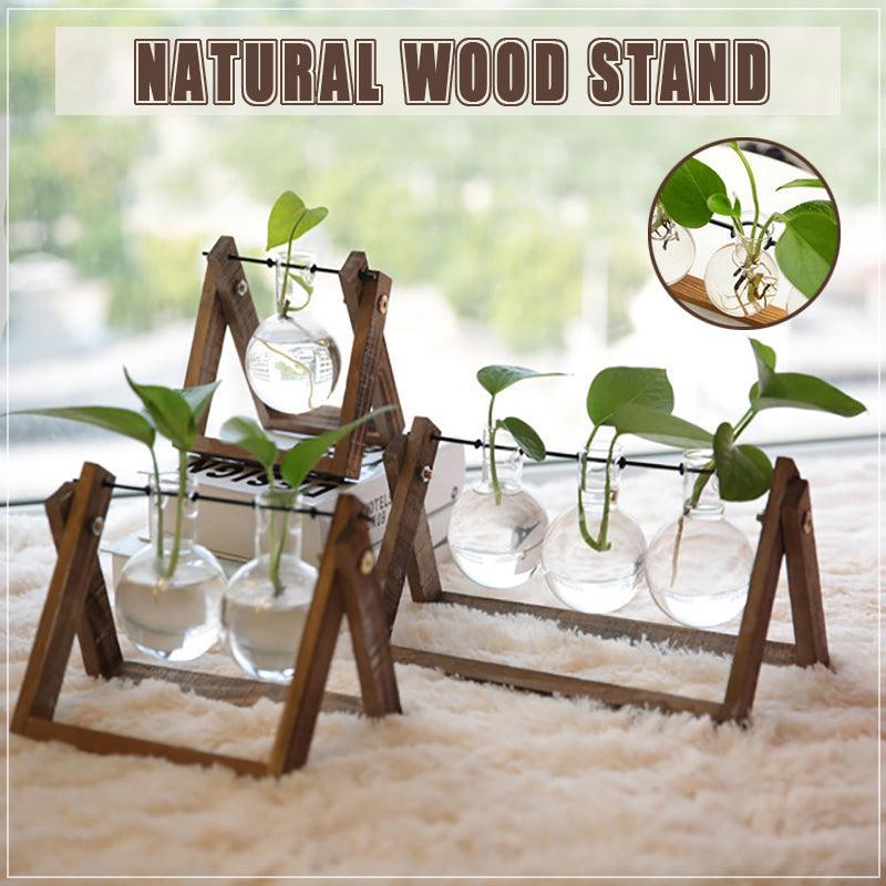 Wood Stand Glass Vase Terrarium Hydroponic Hanging Planter Home Decor - L With 3 Bottles