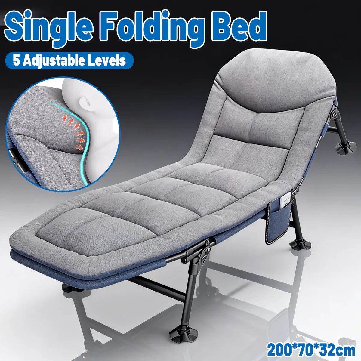 Folding Bed Single Model Dark Grey For Office Nap Camping Travel Midday Rest Use