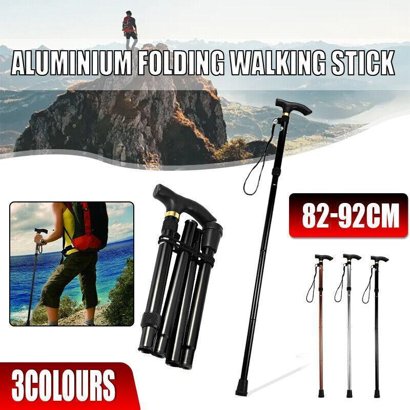 Folding Walking Stick Travel Cane Adjustable Height 82 to 92cm Aluminium Anti Slip - Silver