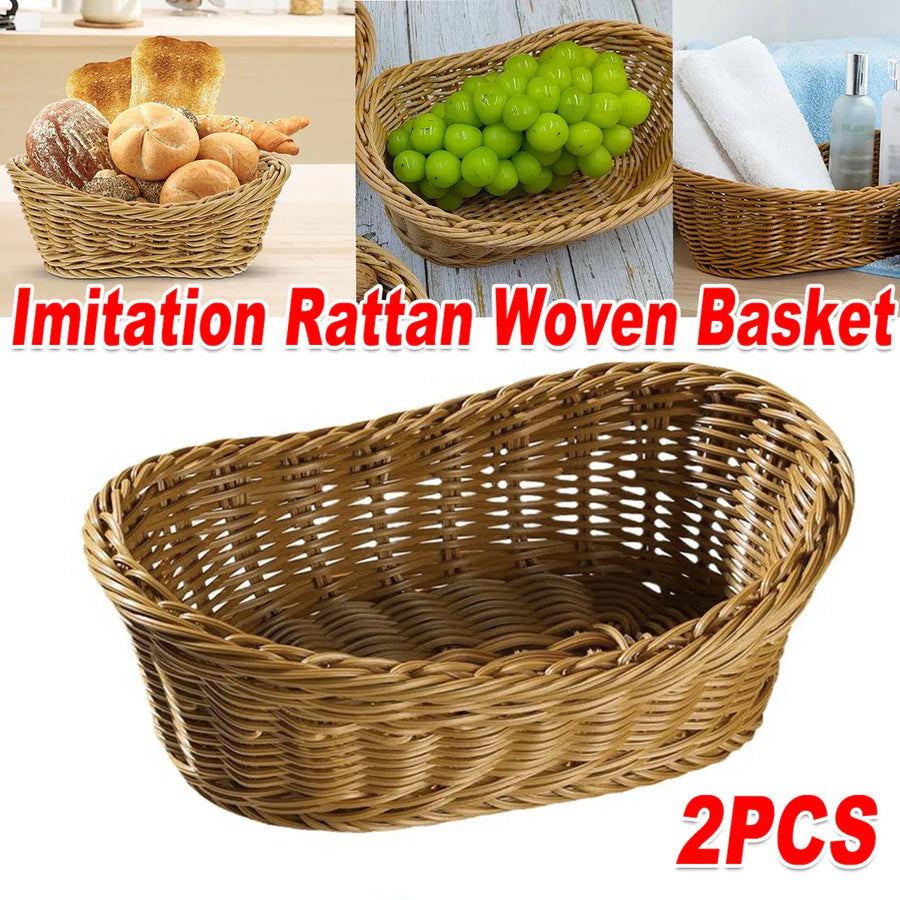 2Pcs Rattan Yuanbao Shaped Fruit Tray Home Storage Basket Living Room Tray
