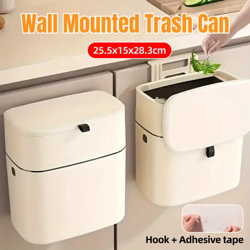 Wall Mounted Hanging Waste Bin with Lid Household Cabinet Trash Can Cream White