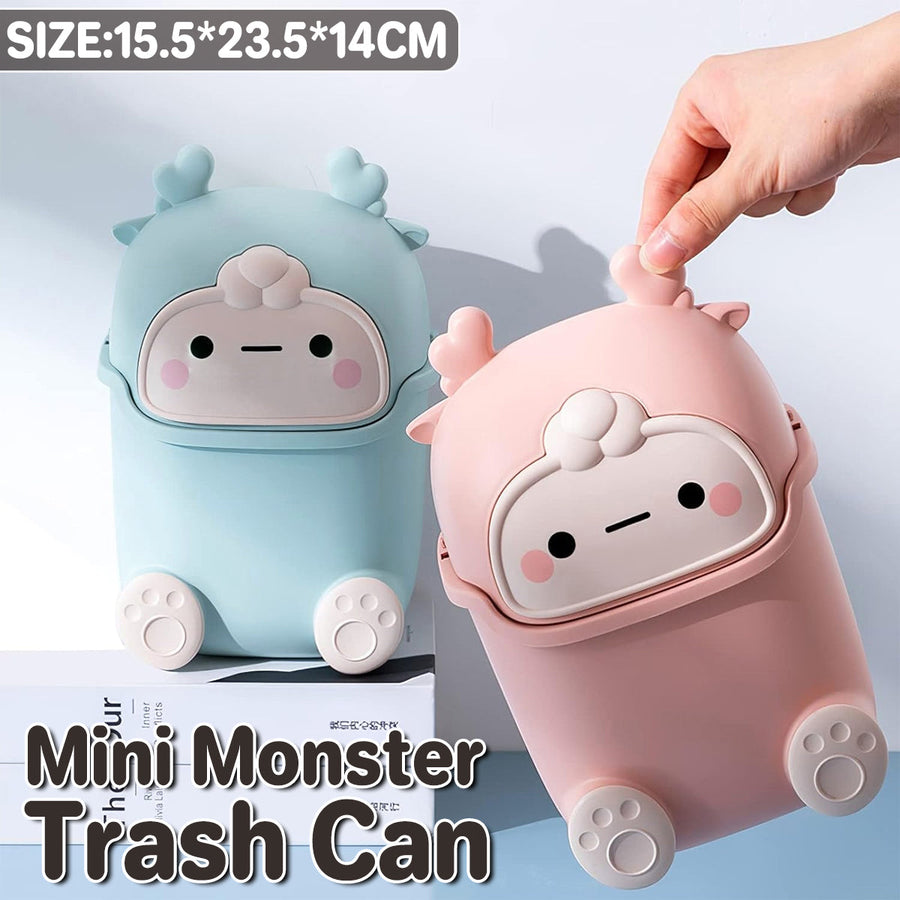 Mini Monster Trash Can Desktop Flip Top Garbage Bin Small Plastic Waste Basket - Light Blue