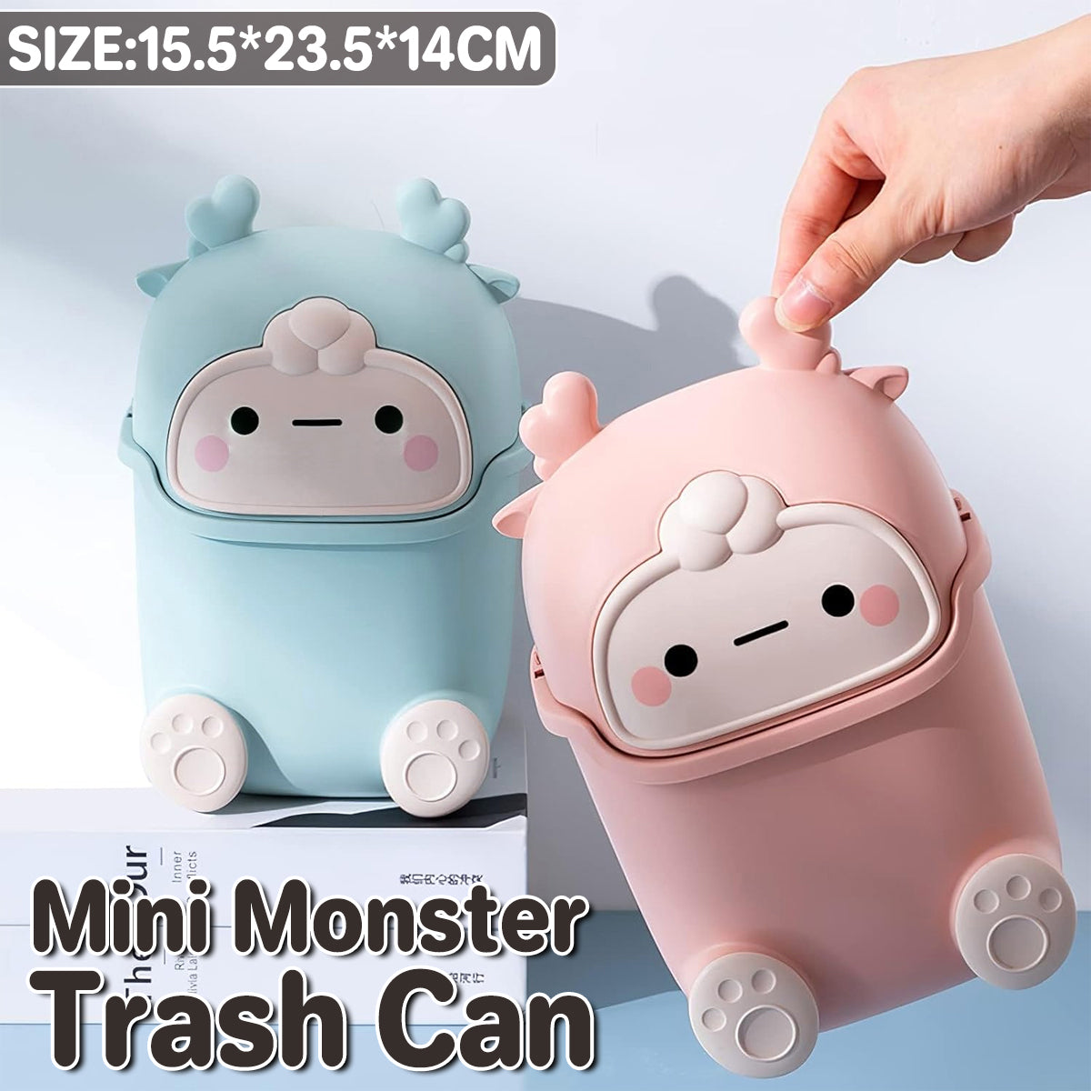 Mini Monster Trash Can Desktop Flip Top Garbage Bin Small Plastic Waste Basket - Pink