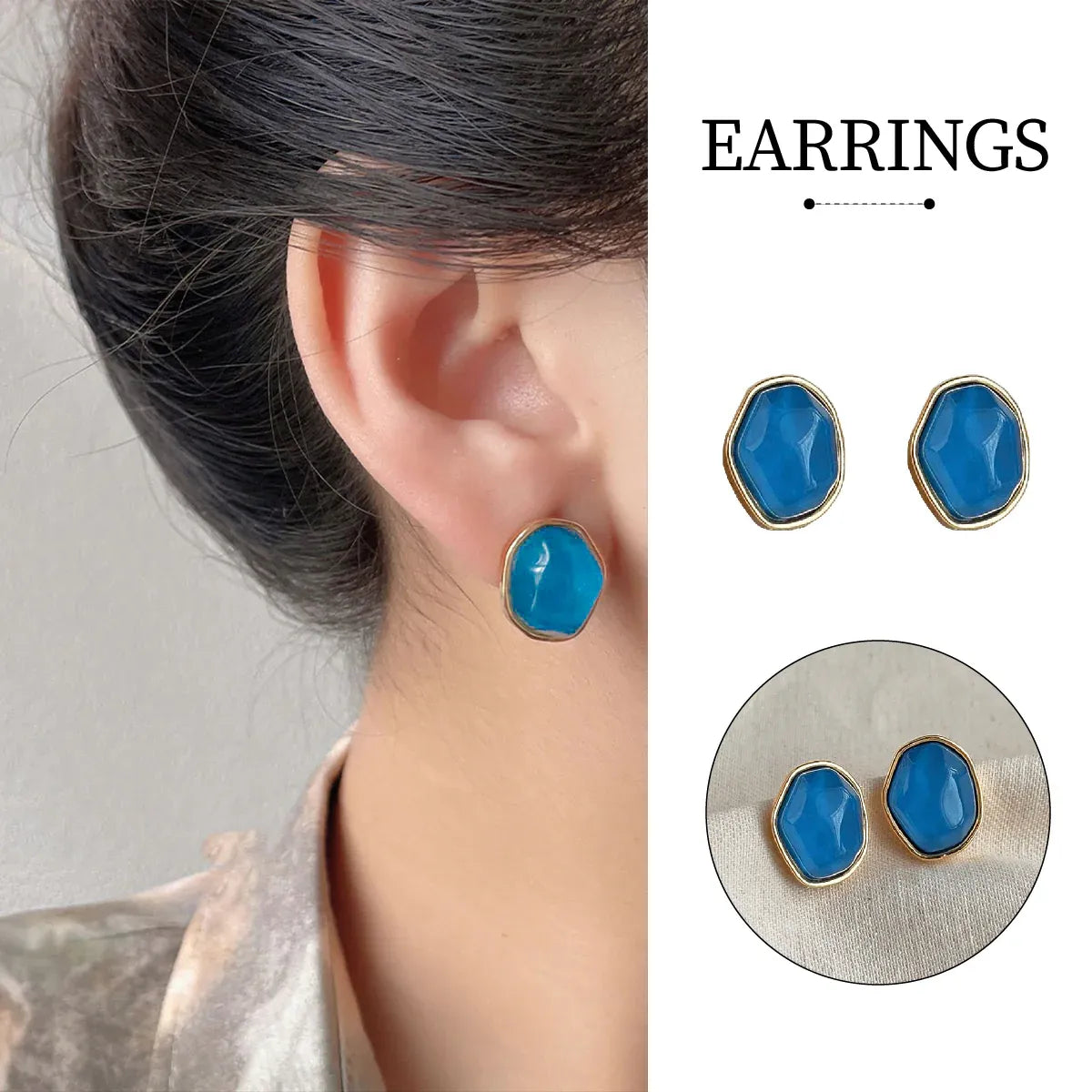 Geometric Blue Oil Drop Stud Earrings Retro Fashion Silver Needle Jewellery
