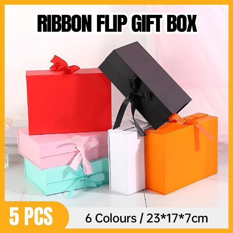 5X Medium Premium Gift Boxes with Ribbon Multi-Color Hamper Packaging Set - Orange