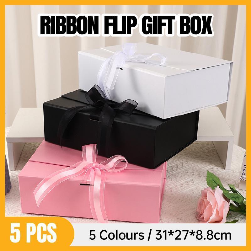 Elegant Ribbon Flip Folding Gift Boxes Multiple Colors High-Quality Cardboard - Black