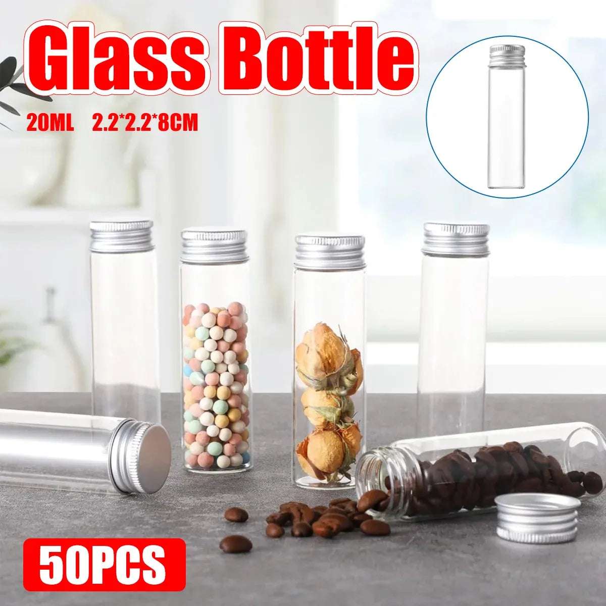 50PCS 20ml Silver Aluminum Lid Glass Storage Bottles Small Item Organiser Use
