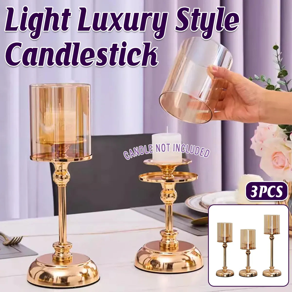 3PCS Light Luxury Style Candlestick Alloy and Glass Material Home Decor Durable