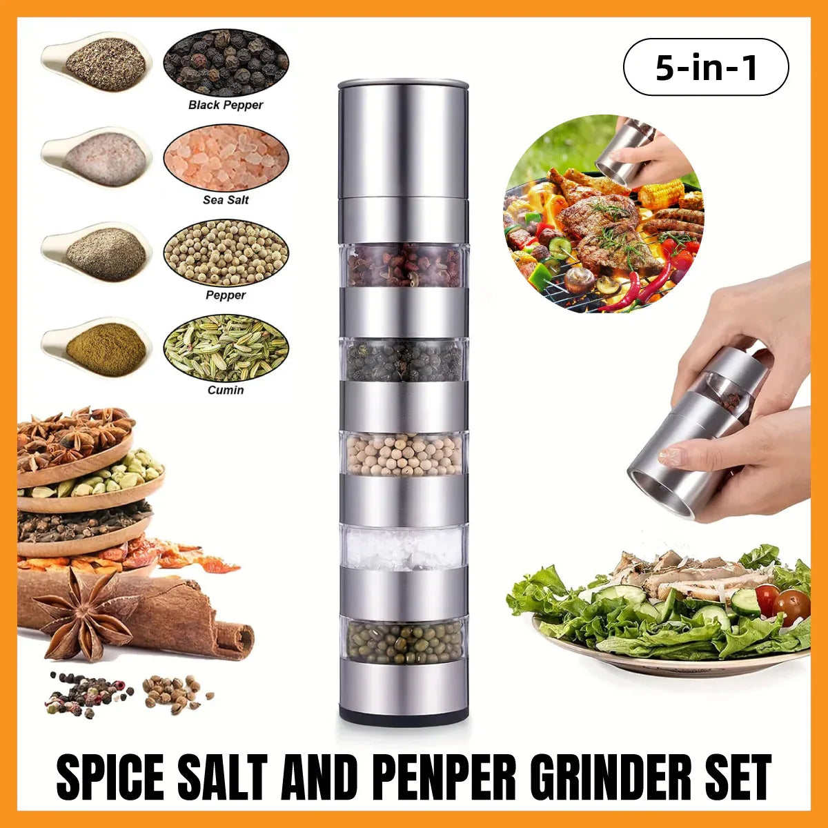 5 in 1 Stainless Steel Salt and Pepper Grinder Manual Spice Grinder Bottle Kitchen